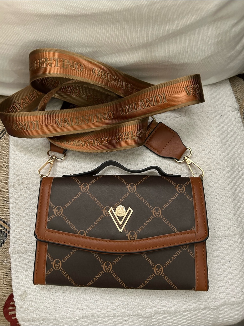 Valentino Orlandi Brown and Tan Logo Crossbody with Branded Strap